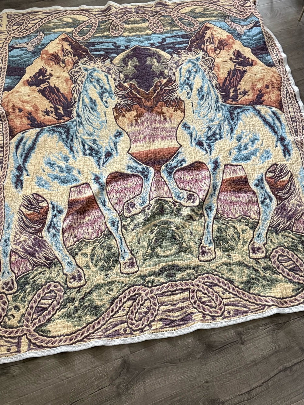 Mirrored Horse Woven Throw Blanket – Multicolor Cream & Blue
